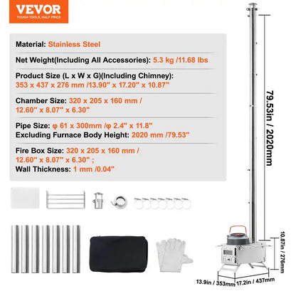 Wood Stove 80 In. Stainless Steel Camping Tent Stove Portable Wood Burning Stove 2200 Sq. Ft. Hot Tent Stove for Outdoor