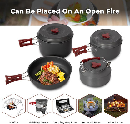 24/13/11/8/4 PCS Camping Cookware Mess Kit Lightweight Backpacking Cooking Set Outdoor Cook Gear for Family Hiking, Picnic(Kettle, Pot, Frying Pan, Bowls, Plates, Spoon)