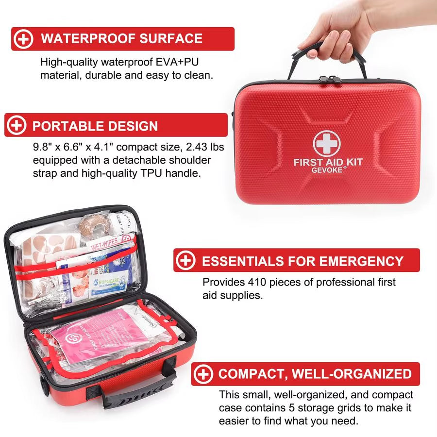 410 Piece Waterproof Hard Shell First Aid Kit for Home, Car, Travel, Camping, Truck, Hiking, Sports, Office, Vehicle Amp Outdoor