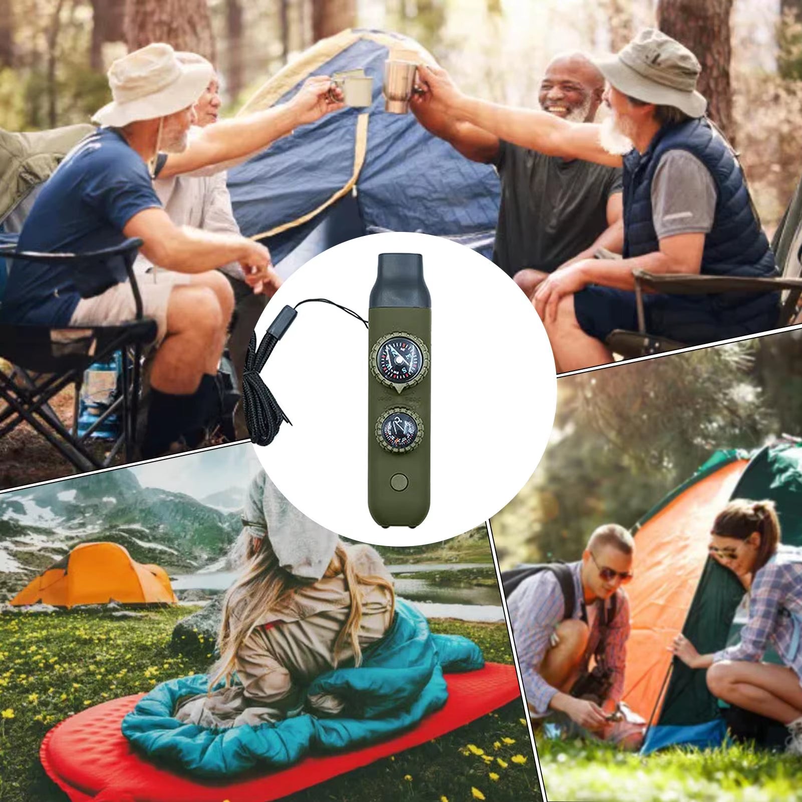 Survival Whistle 7 in 1 Outdoor Safety Gear Emergency Whistle with LED Compass Thermometer for Hiking Camping Backpacking